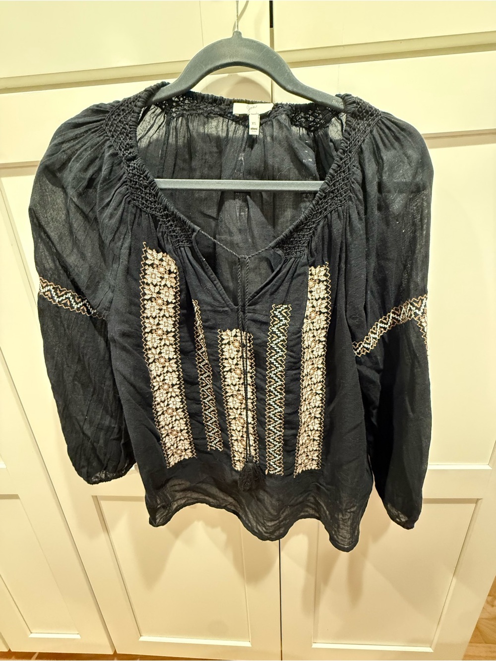 Joie Boho Embroidered Black Peasant Blouse